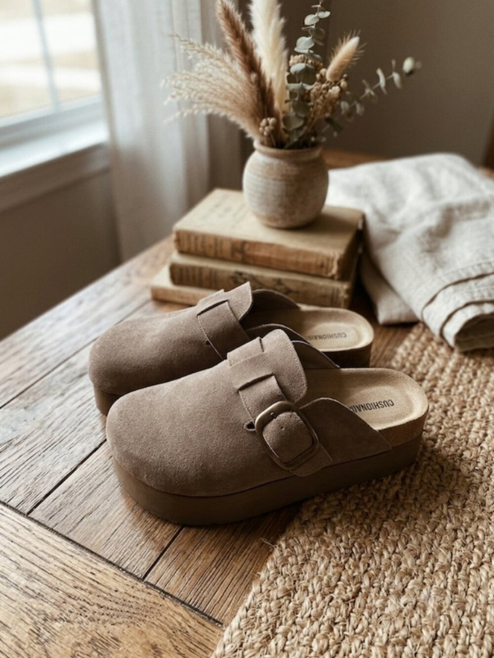 Cushionaire Suede Platform Clog Buckle Mule Taupe Size 7.5